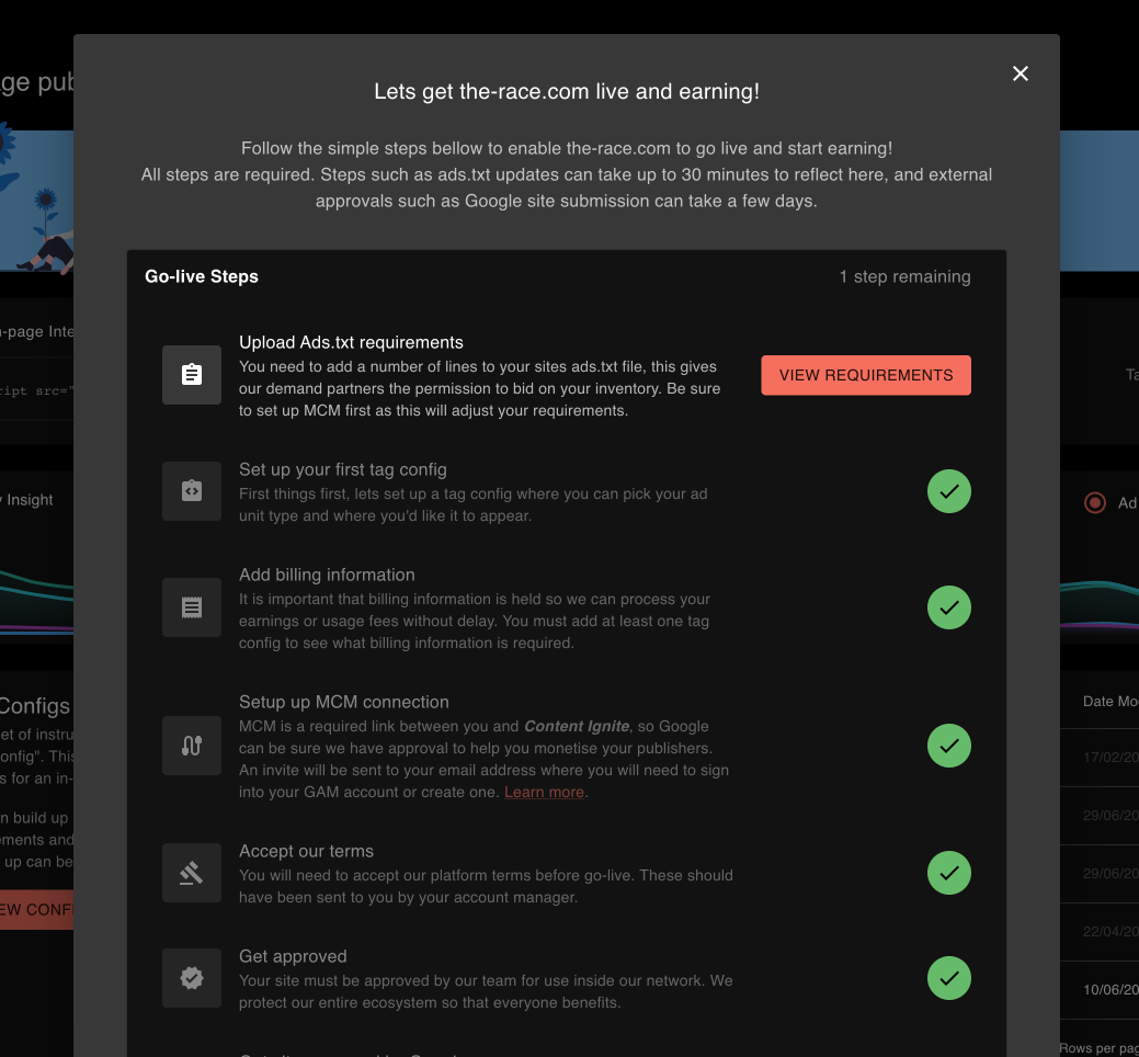 Onboarding modal with a list of steps required to complete publisher setup